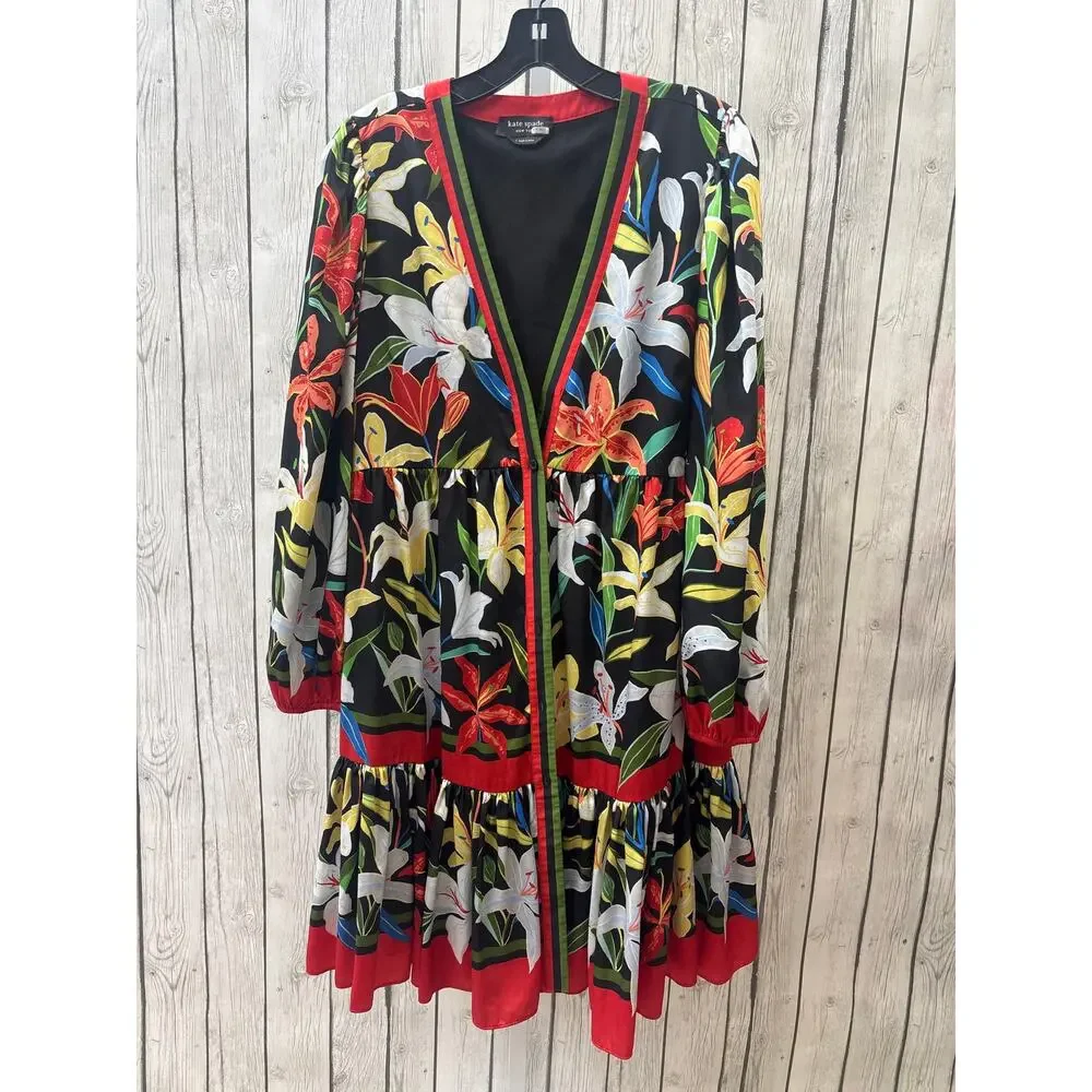 Kate Spade SzL Summer Lillies Floral Print Resortwear Vacation Long Sleeve Dress